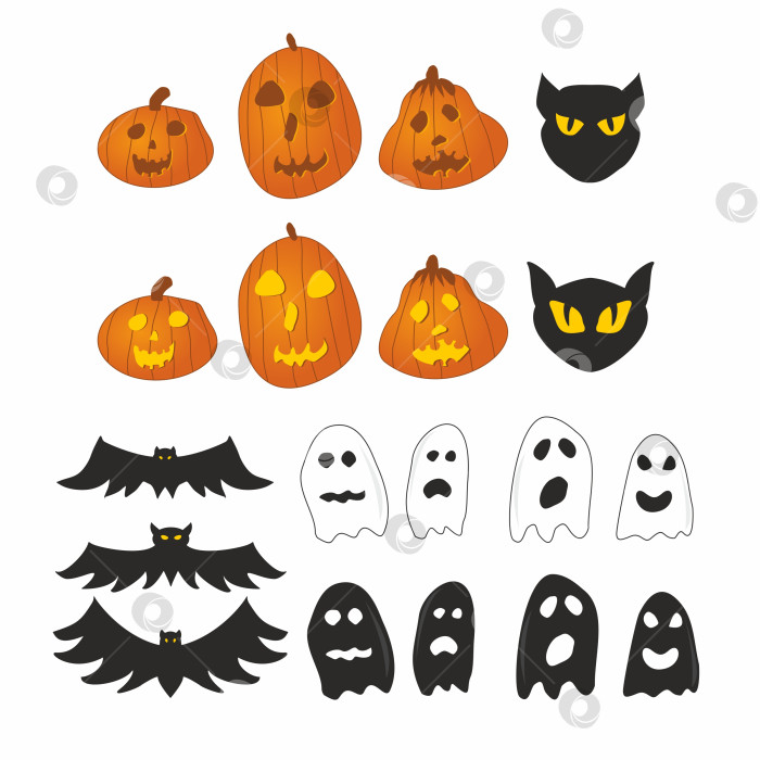 Скачать Предметы для Хэллоуина, Страшные призраки, тыквы, летучие мыши, Кошки фотосток Ozero