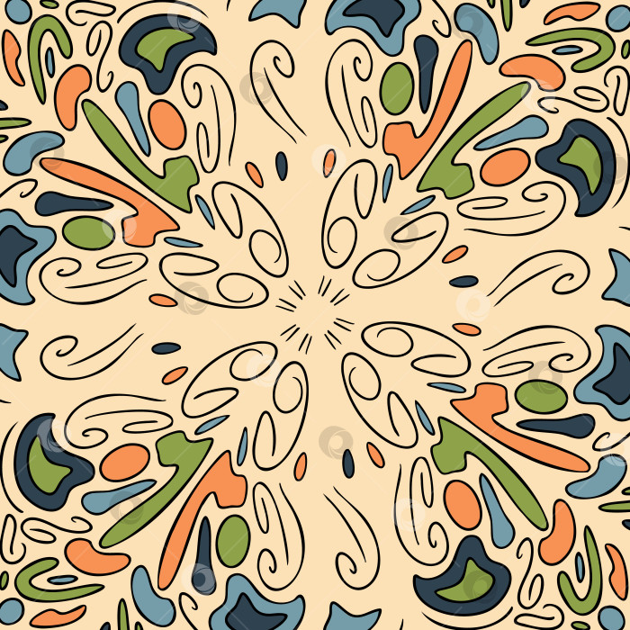 Скачать Абстрактный нешовный узор. Круговой орнамент. Цветной бежевый фон. Нарисованные от руки фигуры, линии фотосток Ozero
