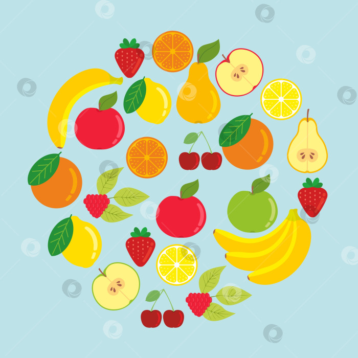 Скачать Свежие фрукты. Яблоко, банан, лимон, апельсин, клубника фотосток Ozero