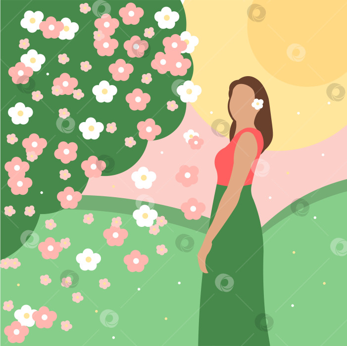 Скачать Девушка стоит возле цветущего дерева фотосток Ozero