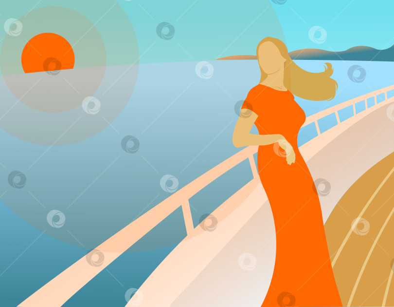 Скачать Девушка стоит на борту и смотрит на закат в море фотосток Ozero