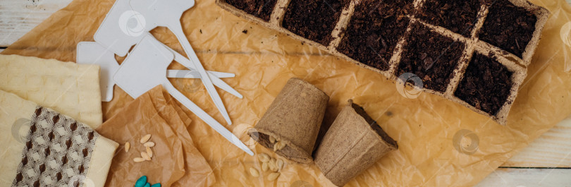 Скачать Вид сверху на семена и ячейки с почвой на деревянном фоне. Выращивание рассады в торфяных стаканчиках. Концепция весеннего озеленения дома. фотосток Ozero