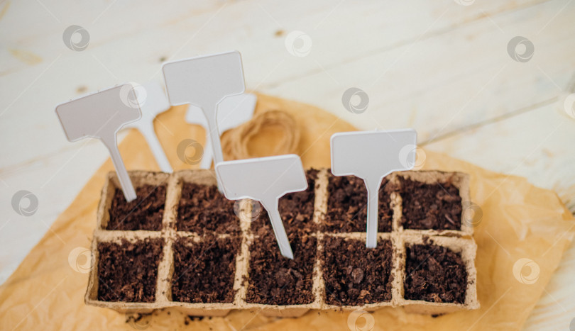 Скачать Вид сверху на семена и ячейки с почвой на деревянном фоне. Выращивание рассады в торфяных стаканчиках. Концепция весеннего озеленения дома. фотосток Ozero