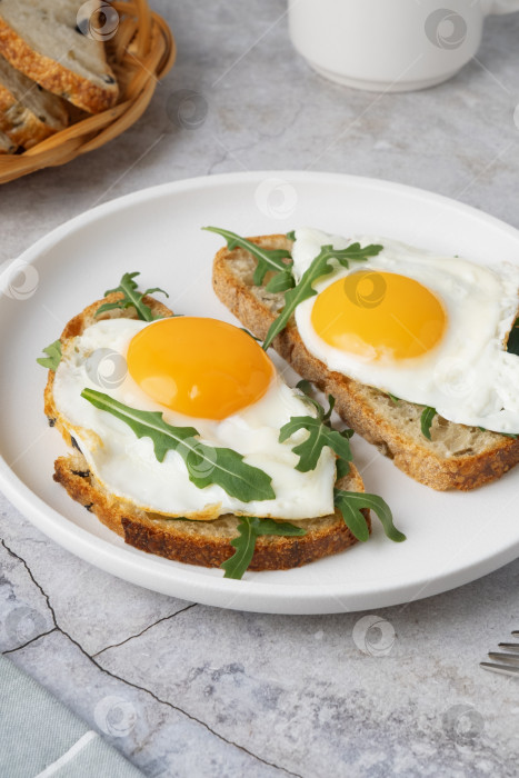 Скачать Завтрак с яйцами на тостах и свежей рукколой подается на белой тарелке на кухне. фотосток Ozero