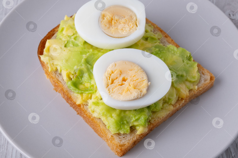 Скачать Вкусные тосты с пюре из авокадо и нарезанными ломтиками вареными яйцами подаются на тарелке фотосток Ozero