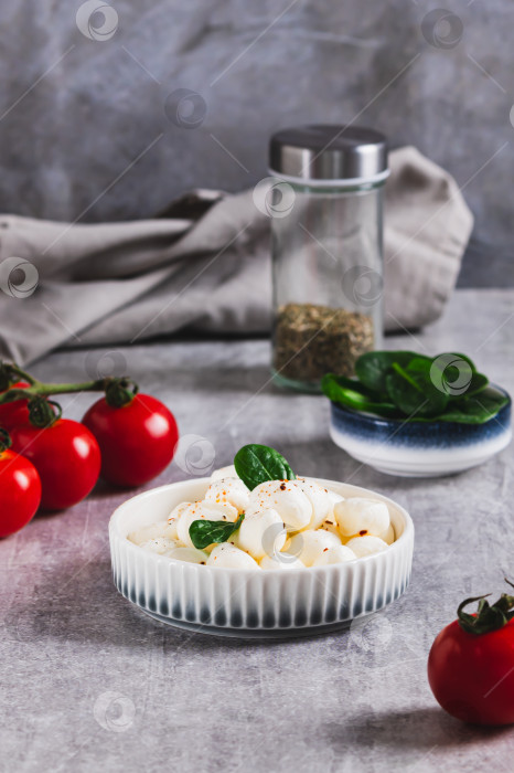 Скачать Сыр моцарелла в виде маленьких шариков в миске на столе в вертикальном положении фотосток Ozero