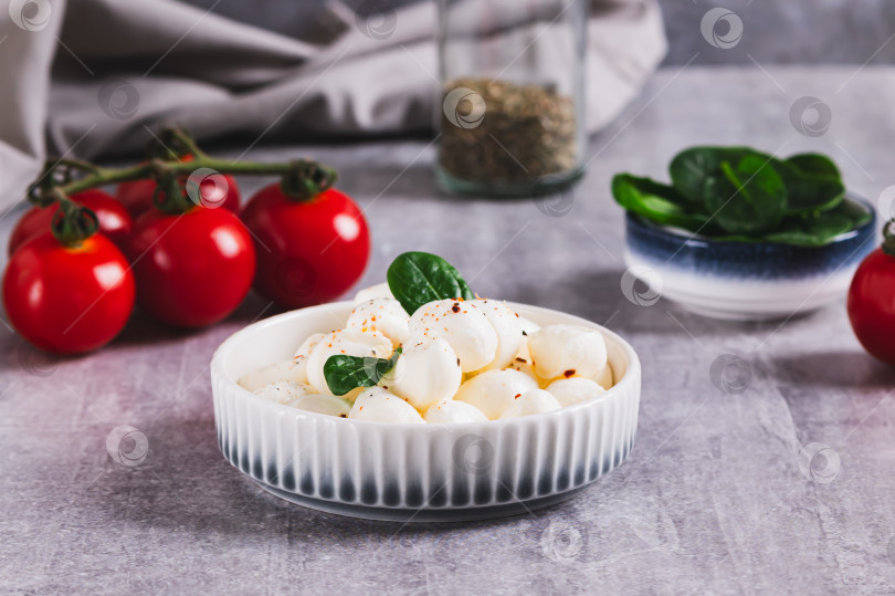 Скачать Сыр Моцарелла в виде маленьких шариков в миске на столе фотосток Ozero