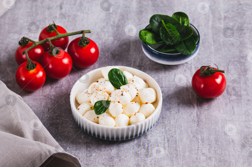 Скачать Тарелка с шариками из моцареллы и шпината на столе фотосток Ozero