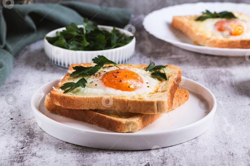Скачать Яйцо, запеченное в кусочках хлеба на тарелке на столе фотосток Ozero