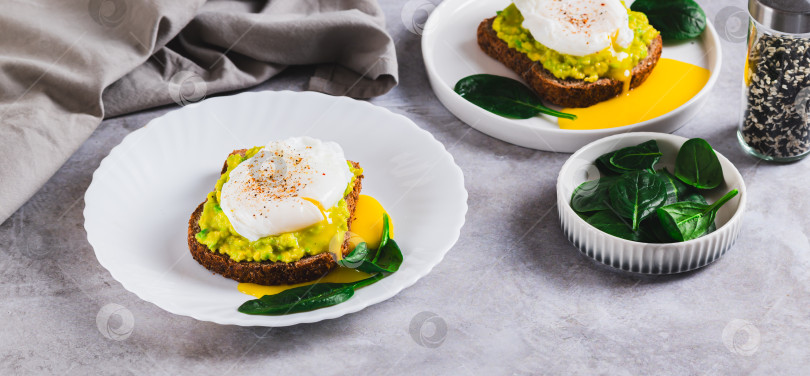 Скачать Ржаной хлеб с гуакамоле и яйцом-пашот на тарелке на столе веб-баннер фотосток Ozero