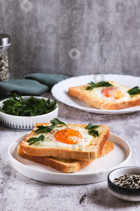 Скачать Яйцо, запеченное в кусочках хлеба, на тарелке на столе, вид сверху фотосток Ozero