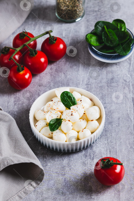 Скачать Тарелка с шариками из моцареллы и шпината на столе, вид сверху фотосток Ozero