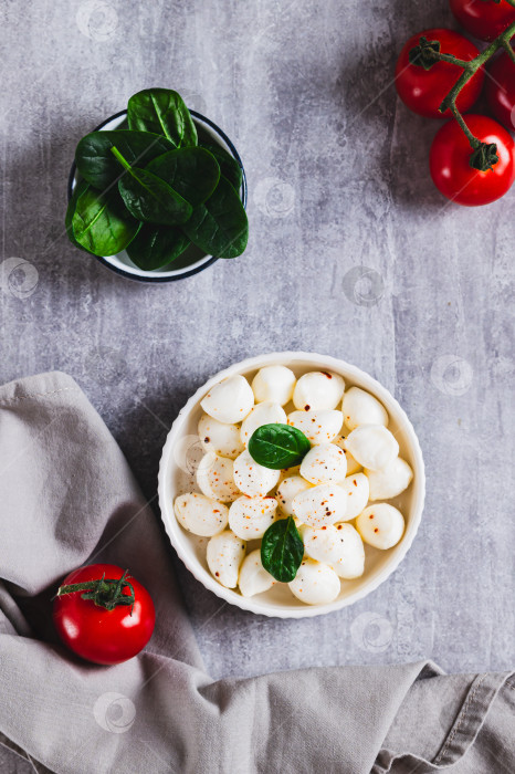Скачать Тарелка с шариками из моцареллы и шпината на столешнице в вертикальном положении фотосток Ozero