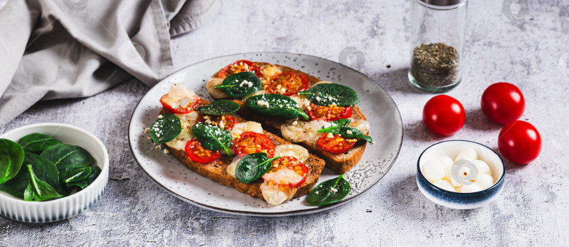 Скачать Запеченные бутерброды с моцареллой, помидорами и шпинатом на тарелке-баннере фотосток Ozero
