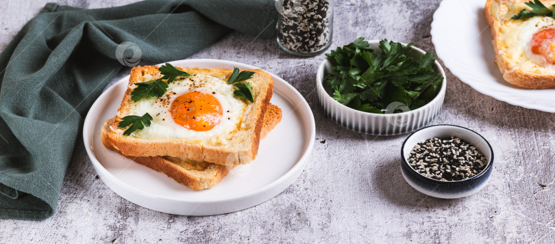 Скачать Яйцо, запеченное в кусочках хлеба на тарелке на столе веб-баннер фотосток Ozero