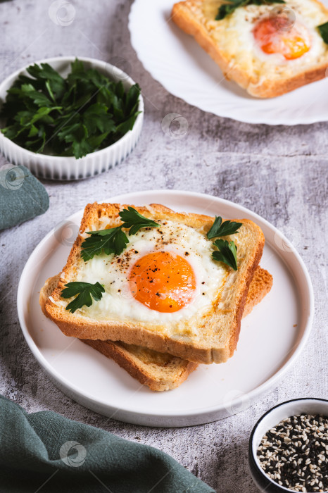 Скачать Запеченные тосты с яйцом и петрушкой на тарелке на столе, вид сверху фотосток Ozero