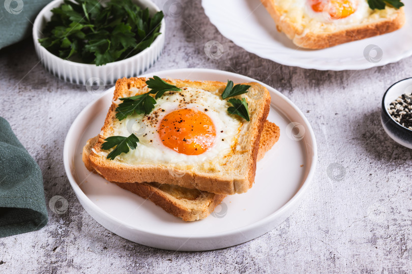Скачать Запеченные тосты с яйцом и петрушкой на тарелке на столе фотосток Ozero