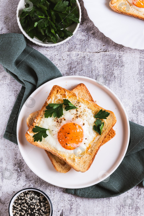 Скачать Запеченный тост с яйцом и петрушкой на тарелке, установленной на столешнице вертикально фотосток Ozero