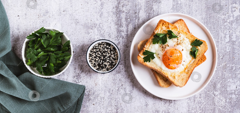 Скачать Запеченный тост с яйцом и петрушкой на тарелке на столешнице посмотреть веб-баннер фотосток Ozero