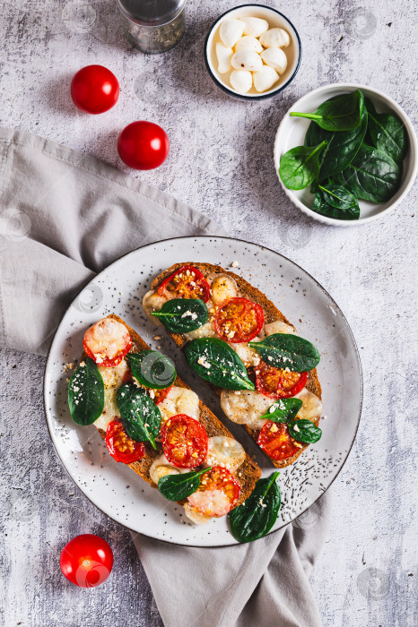 Скачать Запеченная брускетта с салатом капрезе и шпинатом на тарелке, установленной на столешнице в вертикальном положении фотосток Ozero