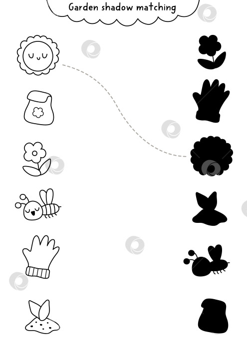 Скачать Садовые черно-белые тени, сочетающиеся с солнцем, семенами, пчелой, детским растением, перчаткой, цветком. Головоломка "Весенняя линия" для детей. Найдите правильный силуэт на листе для печати, в игре или раскраске. фотосток Ozero