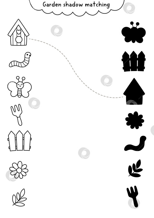 Скачать Упражнение по подбору черно-белых теней для сада со скворечником, червяком, бабочкой, развилкой, забором, цветком. Головоломка "Весенняя линия" для детей. Найдите правильный силуэт на листе для печати, в игре или раскраске. фотосток Ozero