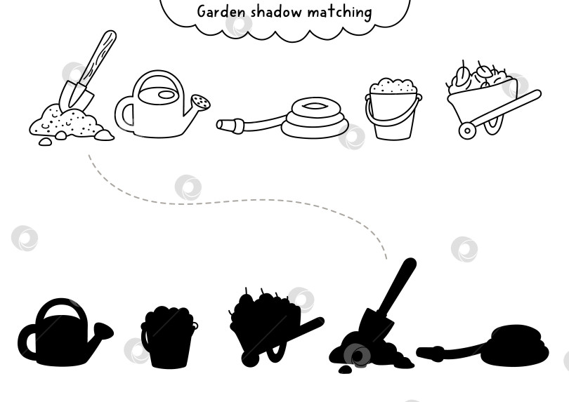 Скачать Работа с инструментами по подбору черно-белых теней в саду. Пазл "Весенняя линия" с лопатой, лейкой, тачкой, шлангом. Найдите правильный силуэт на листе для печати, в игре или раскраске. фотосток Ozero