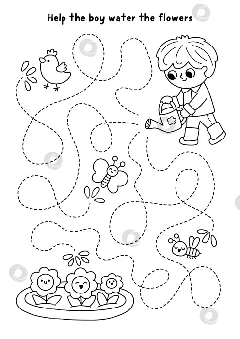 Скачать Черно-белый лабиринт в саду с мальчиком, поливающим цветы. Игра в линейный лабиринт. Весенняя раскраска, задание для печати, рабочий лист с ребенком-садовником, выполняющим садовые работы, бабочка, пчела, цыпленок фотосток Ozero
