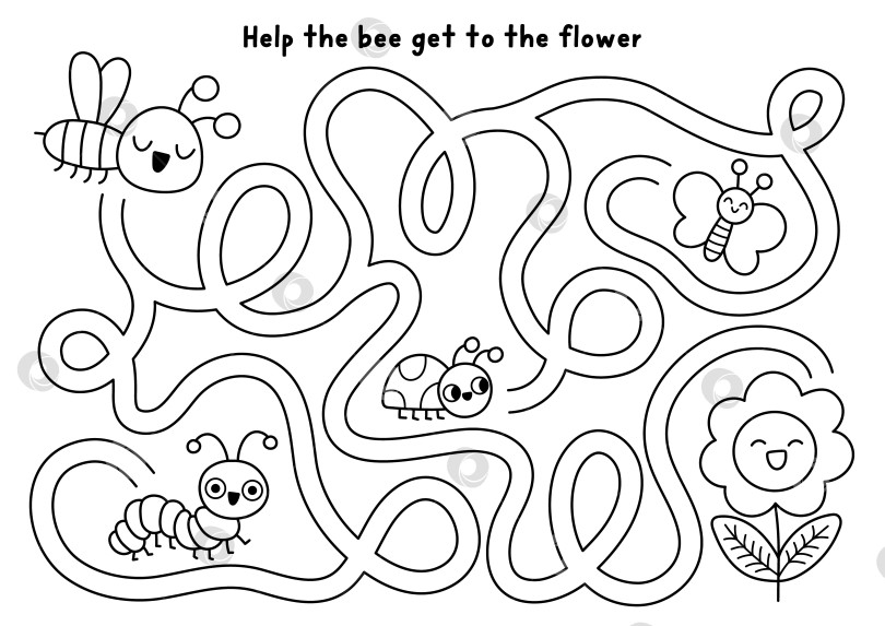 Скачать Черно-белый лабиринт в саду с пчелой, летящей к цветку. Простая игра-лабиринт с насекомыми. Задание для печати "Весенний загородный дом", рабочий лист, раскраска со шмелем, гусеницей, божьей коровкой. фотосток Ozero