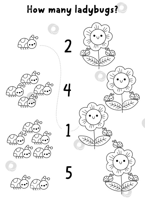 Скачать Игра "Найди цифры в черно-белом саду" с цветком и божьими коровками. Математическое занятие для детей дошкольного возраста "Весенняя линейка в загородном доме". Развивающий лист для счета, раскраска с растениями и божьими коровками фотосток Ozero