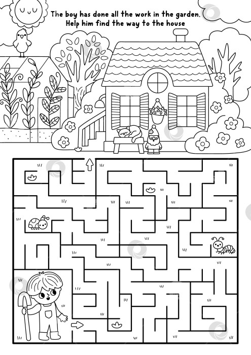 Скачать Садовый черно-белый лабиринт с изображением пейзажа природы, дерева, теплицы. Подробная игра-лабиринт, страница-раскраска. Задание для печати "Весенний загородный дом", рабочий лист с мальчиком-садовником, лопата фотосток Ozero