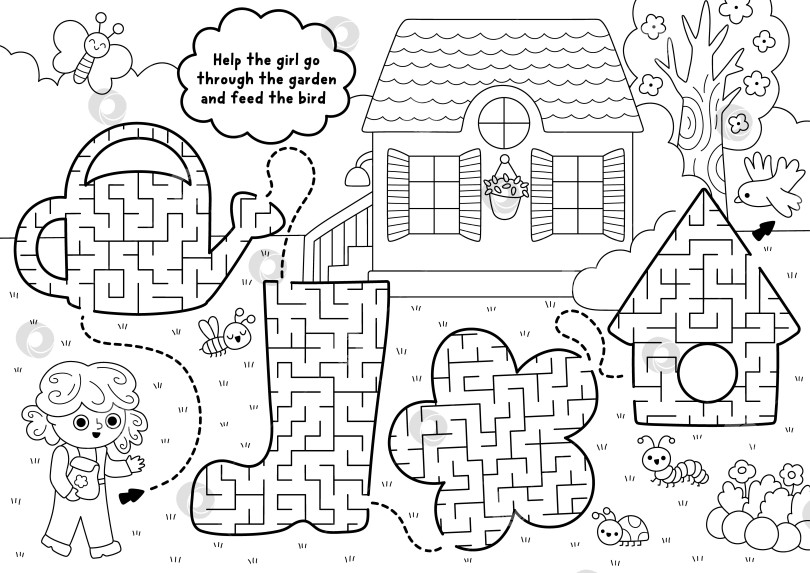 Скачать Садовый черно-белый лабиринт с геометрической лейкой, ботинком, цветком, скворечником. Игра в линейный лабиринт. Весеннее занятие для печати, раскраска, рабочий лист с ребенком-садовником, сцена природы. фотосток Ozero