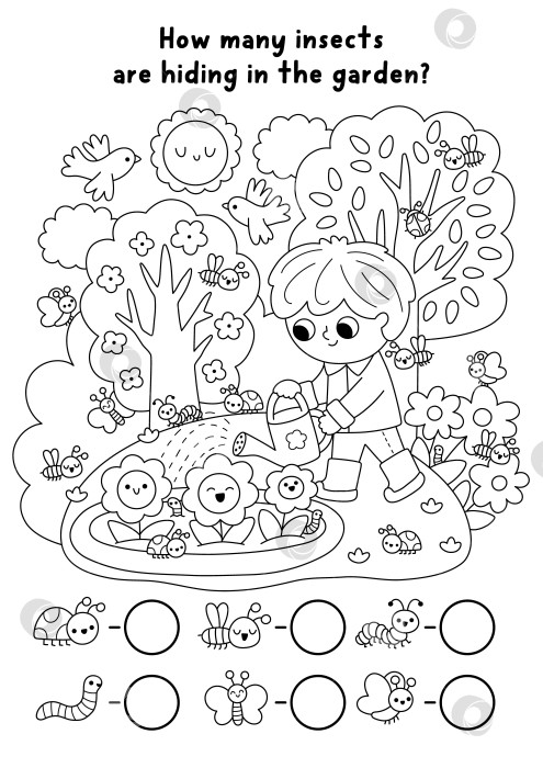 Скачать Векторная черно-белая игра в поиск и подсчет с изображением садового пейзажа, мальчика, поливающего цветы. Находите предметы. Найдите спрятанную бабочку, божью коровку, червячка. Игра для детей "Ищи и находи в строке", пригодная для печати фотосток Ozero