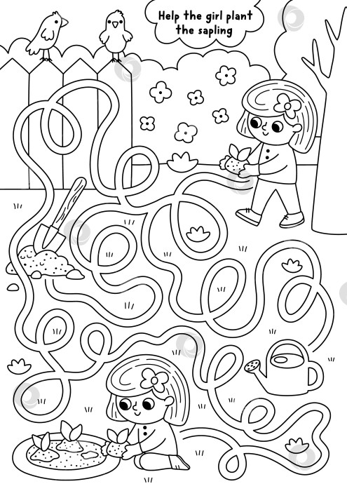 Скачать Черно-белый лабиринт в саду с девочкой, которая приносит цветочное растение на клумбу. Игра-лабиринт в линию. Весенняя раскраска, задание для печати или рабочий лист с изображением ребенка-садовника, выполняющего садовые работы фотосток Ozero