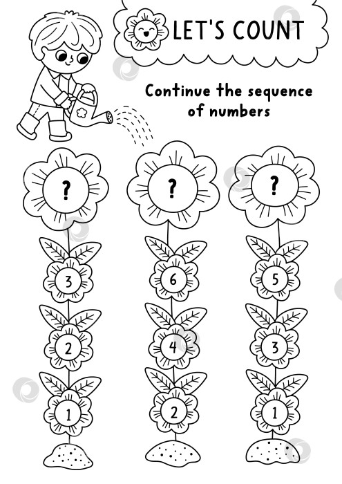 Скачать Продолжи последовательность чисел. Математическая игра в черно-белом саду с цветами, мальчиком и лейкой. Математическое упражнение "Весенняя линейка" для детей. Развивающий лист для счета, раскраска с растениями фотосток Ozero