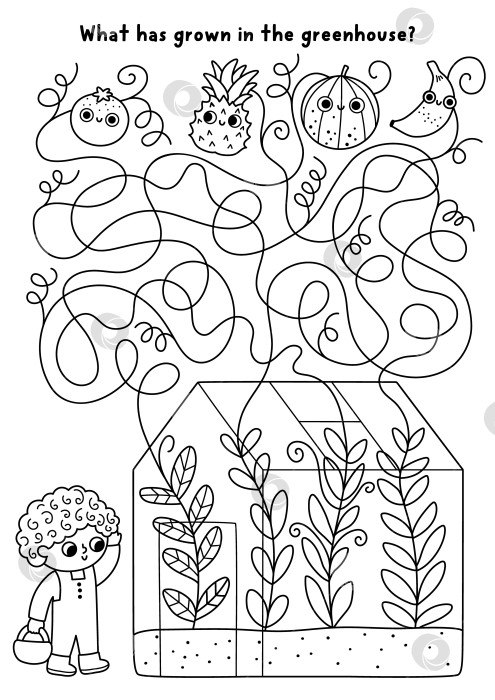 Скачать Садовый черно-белый лабиринт с мальчиком, оранжерея с экзотическими растениями. Игра в линейный лабиринт. Весеннее занятие для печати, раскраска, рабочий лист с садовником. Что выросло в оранжерее фотосток Ozero