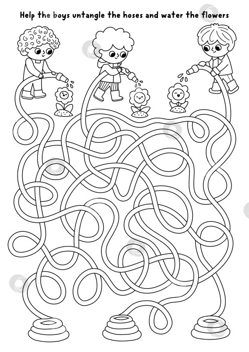 Скачать Черно-белый лабиринт в саду с мальчиками, которые поливают цветы из шлангов. Игра "Линейный лабиринт". Задание для печати "Весенний загородный дом", раскраска, рабочий лист с детьми-садовниками. фотосток Ozero