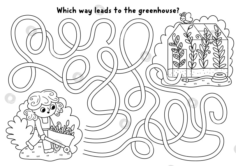 Скачать Черно-белый лабиринт в саду с девочкой, которая везет тачку с растениями в теплицу. Игра "Линейный лабиринт". Задание для печати "Весенний загородный дом", раскраска, рабочий лист с ребенком-садовником. фотосток Ozero
