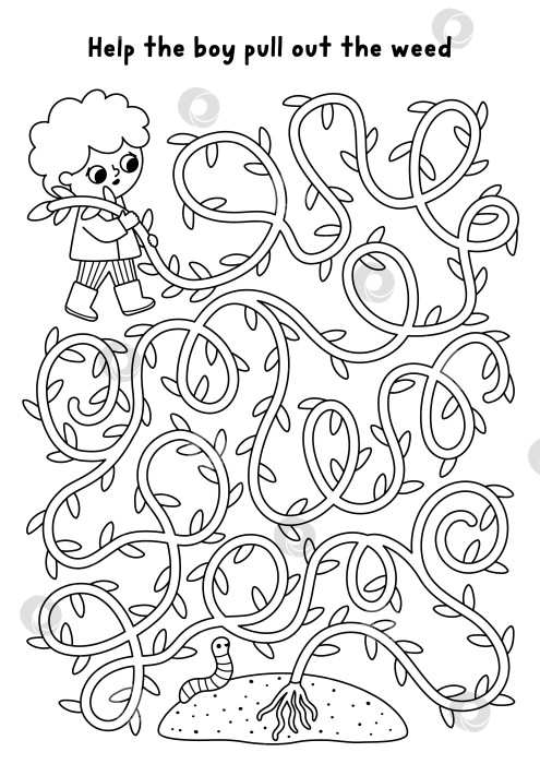 Скачать Черно-белый лабиринт в саду с мальчиком, выдергивающим сорняки. Простая игра-лабиринт с ребенком, гигантским растением, червяком. Задание для печати "Весенний загородный дом", раскраска, рабочий лист с садовником фотосток Ozero