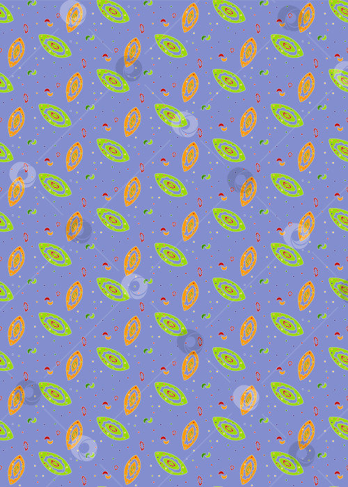 Скачать Яркие овальные и круглые элементы необычного цвета на сиреневом фоне образуют бесшовный векторный узор. фотосток Ozero