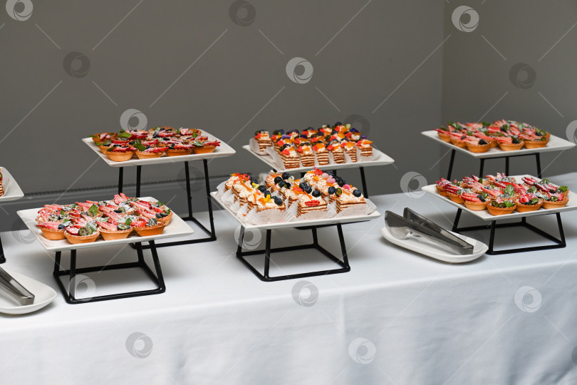 Скачать Разнообразный кейтеринговый десерт с кусочками фруктового пирога и медового торта на фуршетном столе для украшения мероприятия или вечеринки без людей и сервировочных щипцов фотосток Ozero
