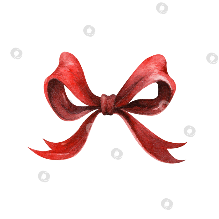 Скачать Бант из красной ленты, акварельная иллюстрация. Декоративный элемент для рождественского оформления, поздравительных открыток, приглашений и праздничных композиций. Изолированный на белом фоне. фотосток Ozero