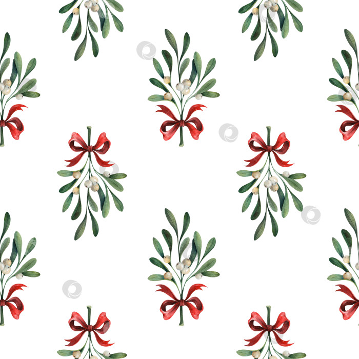 Скачать Ветки омелы с белыми ягодами и красными бантиками, бесшовный акварельный узор. Рождественский праздничный фон для ткани, оберточной бумаги, поздравительных открыток и праздничного оформления. фотосток Ozero