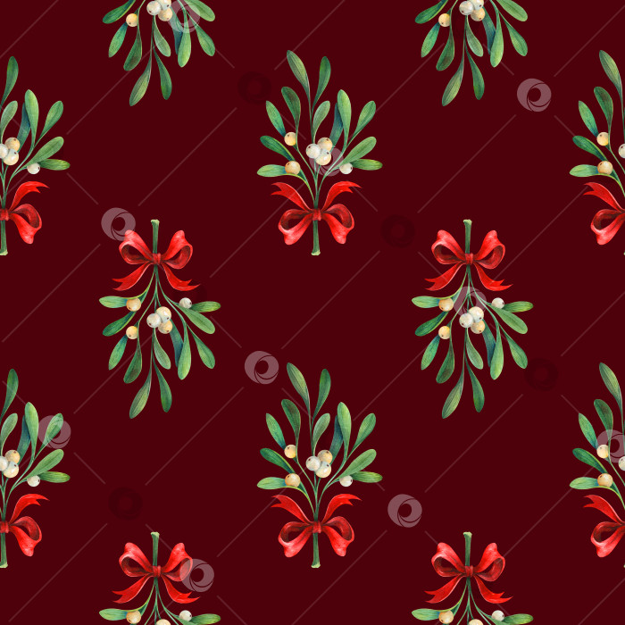 Скачать Ветки омелы с белыми ягодами и красными бантиками на красном фоне, бесшовный акварельный рисунок. Рождественский праздничный фон для ткани, оберточной бумаги, поздравительных открыток и праздничного оформления. фотосток Ozero