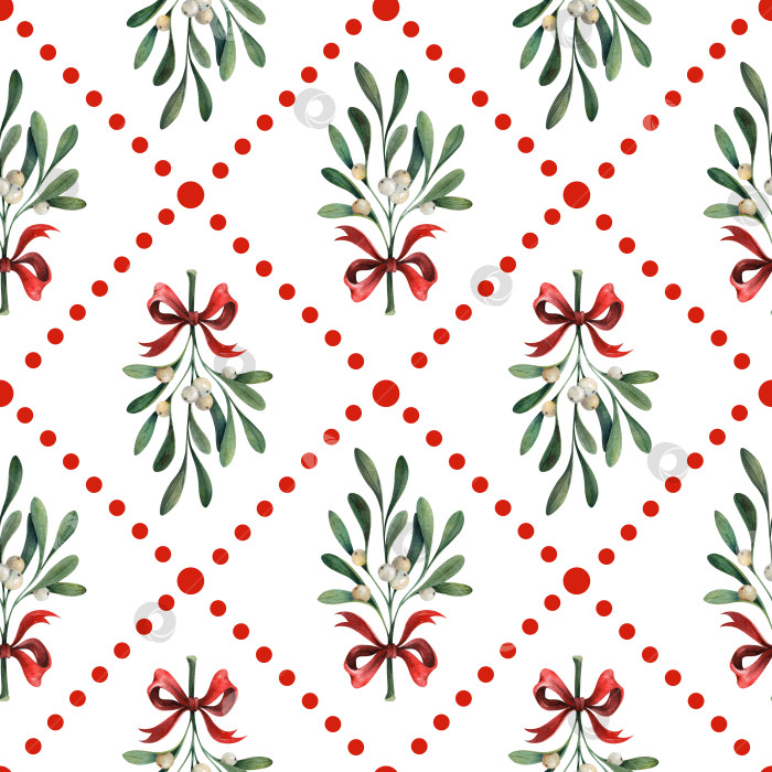 Скачать Ветки омелы с белыми ягодами и красными бантами с точечным рисунком, бесшовный акварельный рисунок. Рождественский праздничный фон для ткани, оберточной бумаги, поздравительных открыток и праздничного оформления. фотосток Ozero