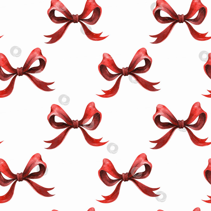 Скачать Бантики из красной ленты, бесшовный акварельный узор. Рождественский праздничный дизайн для ткани, оберточной бумаги, поздравительных открыток и праздничного декора. фотосток Ozero