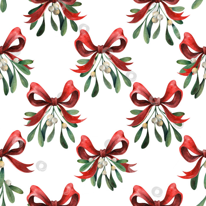 Скачать Ветки омелы с белыми ягодами и красными бантиками, минималистичный бесшовный акварельный узор. Рождественский праздничный дизайн для ткани, оберточной бумаги, поздравительных открыток и праздничного декора. фотосток Ozero