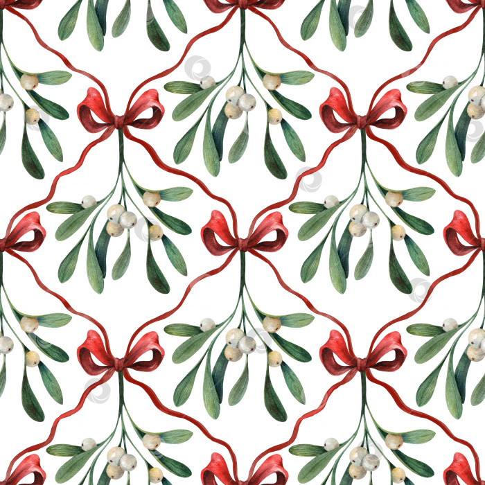 Скачать Ветки омелы с белыми ягодами и красными бантиками, бесшовный акварельный узор. Рождественский праздничный фон для оберточной бумаги, ткани, поздравительных открыток и праздничного оформления. фотосток Ozero