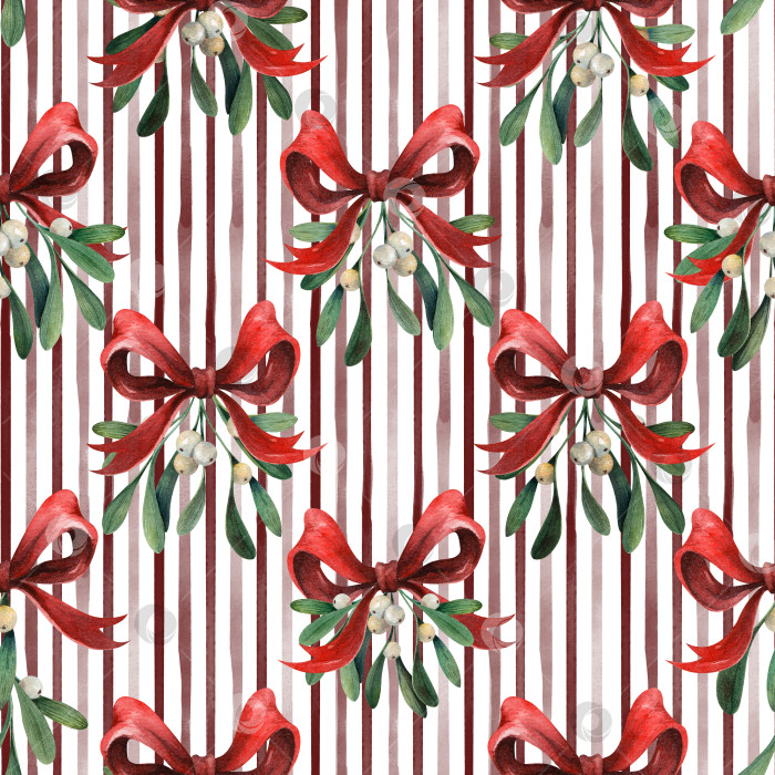 Скачать Бантики из красной ленты с веточками омелы, бесшовный акварельный узор. Рождественский праздничный дизайн с вертикальными полосками для ткани, оберточной бумаги и поздравительных открыток. фотосток Ozero