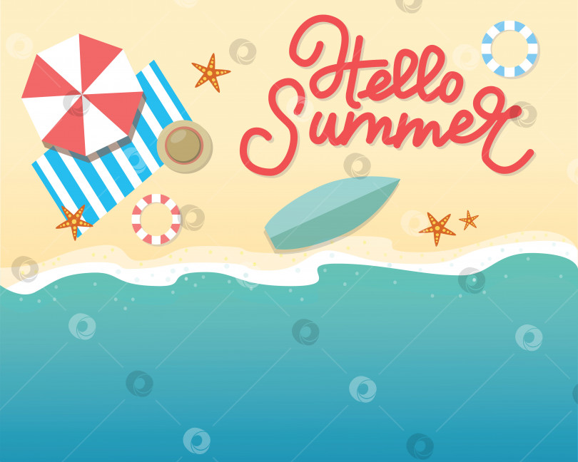 Скачать Векторная иллюстрация концепции "Привет, лето". Вид сверху на пляж. Шаблон для плаката, баннера, открытки, флаера и т.д. фотосток Ozero